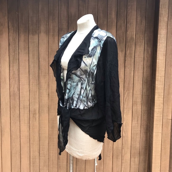 Vintage 80s Sheer Open Blouse Top Abstract Print L - Picture 5 of 11